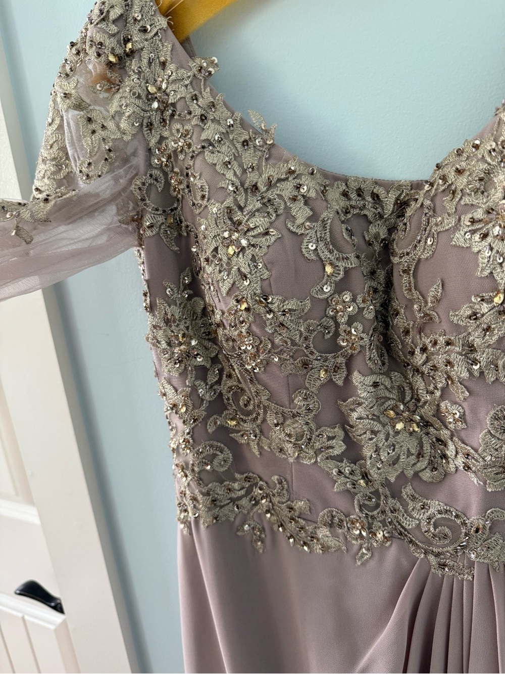 Taupe Maxi Dress with Gold Lace Appliqué